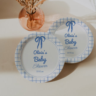 Plato De Papel Hand Drawn Blue Gingham Bow Baby Shower