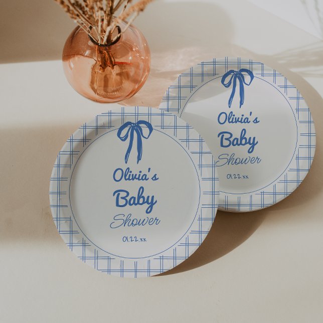 Plato De Papel Hand Drawn Blue Gingham Bow Baby Shower (Subido por el creador)