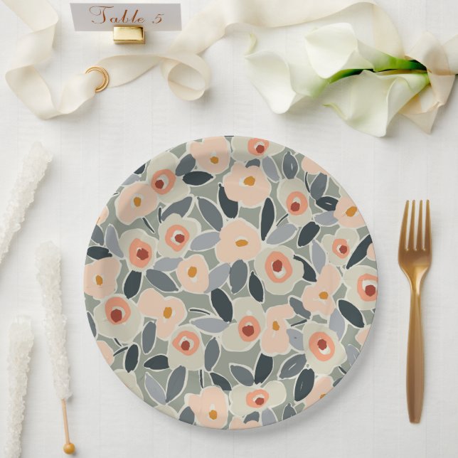 Plato De Papel Hand-Drawn Bold Inky Floral Pattern- Sunlit Meadow (Boda)