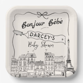 Plato De Papel Hand Drawn Bonjour Bebe Baby Shower francés