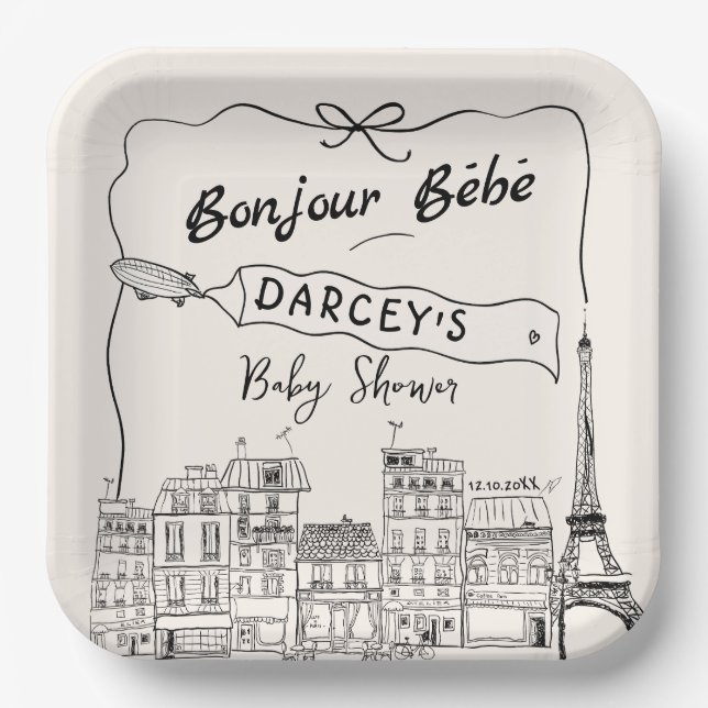 Plato De Papel Hand Drawn Bonjour Bebe Baby Shower francés (Anverso)