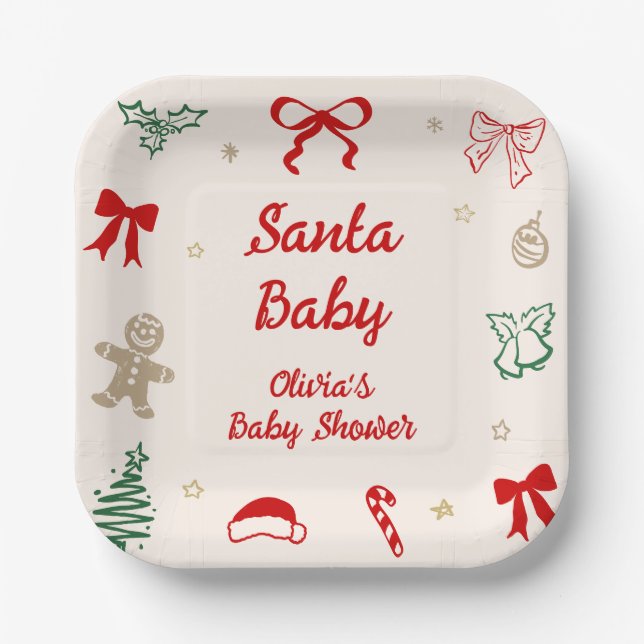 Plato De Papel Hand Drawn Christmas Santa Baby Baby Shower (Anverso)
