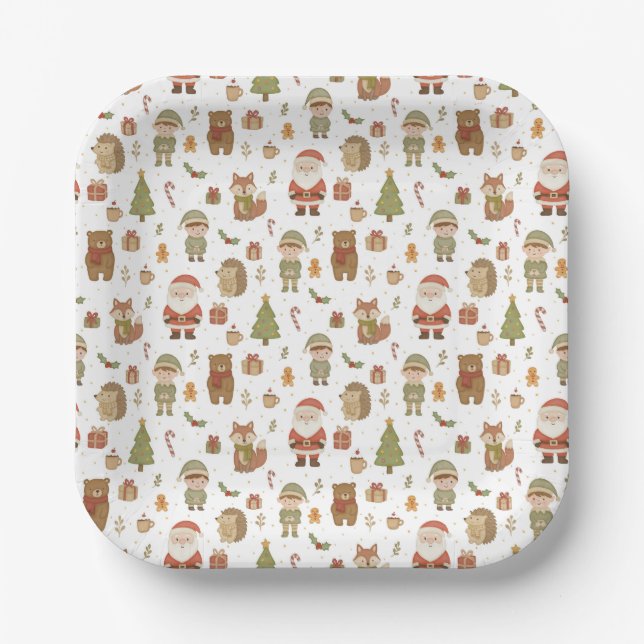 Plato De Papel Hand Drawn Christmas Woodland Paper Plates (Anverso)