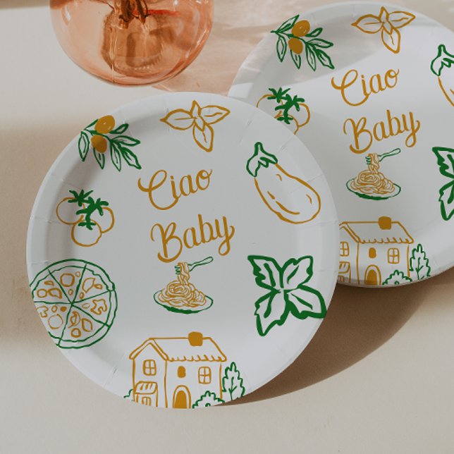 Plato De Papel Hand Drawn Ciao Italian Pizza & Pasta Baby Shower (Subido por el creador)