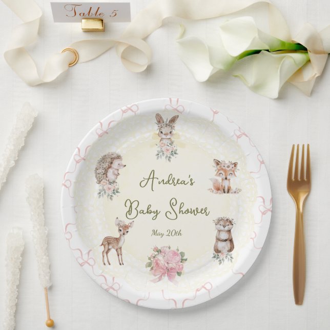 Plato De Papel Hand Drawn Coquette Ribbon Woodland Baby Shower  (Boda)