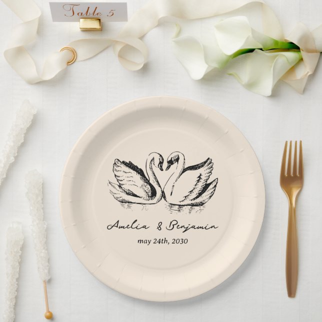 Plato De Papel hand drawn Couple Swan Whimsical Wedding (Boda)