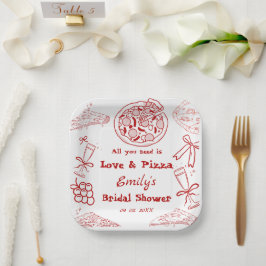 Plato De Papel Hand Drawn es Love & Pizza Bridal Shower