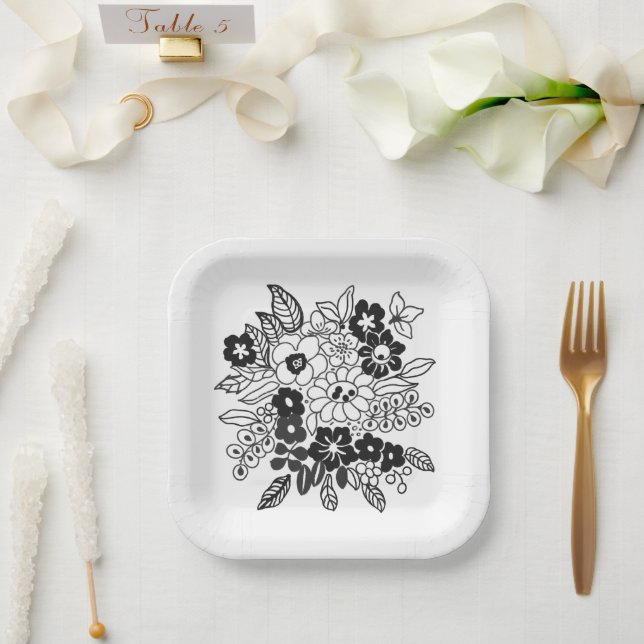 Plato De Papel Hand Drawn Floral Motif  (Boda)