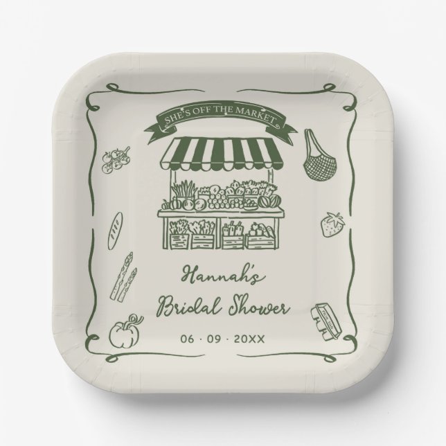 Plato De Papel Hand Drawn Fresh Off the Market Bridal Shower (Anverso)