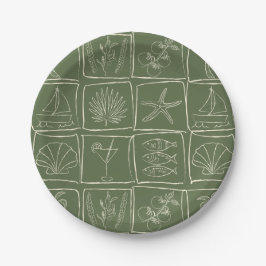 Plato De Papel Hand-Drawn Mediterranean Coastal Tile Olive Grove