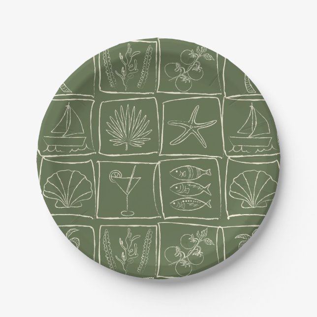 Plato De Papel Hand-Drawn Mediterranean Coastal Tile Olive Grove (Anverso)