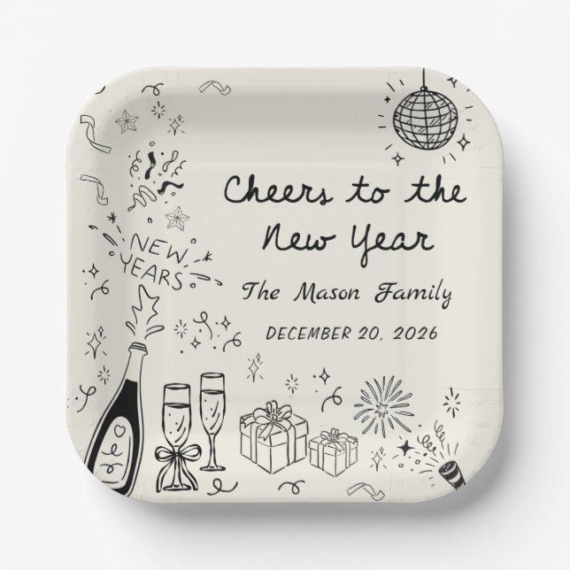 Plato De Papel Hand Drawn New Year's Eve Party Paper Plates  (Anverso)