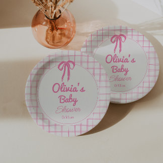 Plato De Papel Hand Drawn Pink Gingham Bow Baby Girl Shower