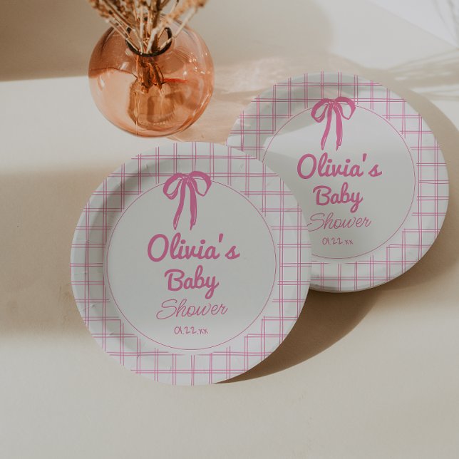 Plato De Papel Hand Drawn Pink Gingham Bow Baby Girl Shower (Subido por el creador)