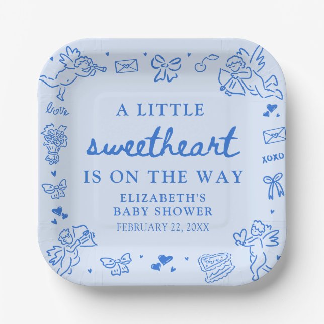 Plato De Papel Hand Drawn Valentine Little Sweetheat Baby Shower (Anverso)