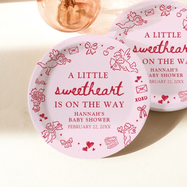 Plato De Papel Hand Drawn Valentine Little Sweetheat Baby Shower (Hand Drawn Valentine Little Sweetheat Baby Shower Paper Plates)