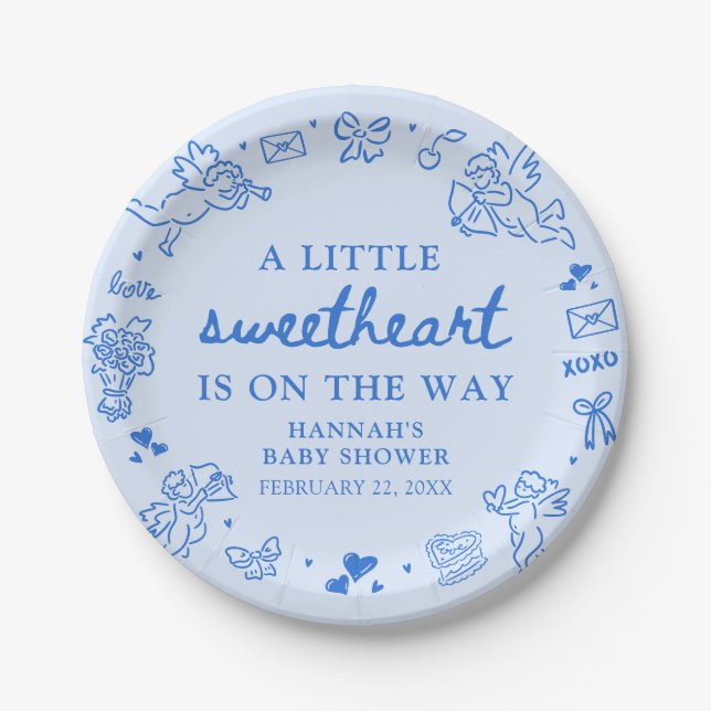 Plato De Papel Hand Drawn Valentine Little Sweetheat Baby Shower (Anverso)