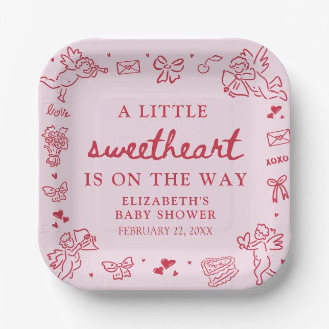 Plato De Papel Hand Drawn Valentine Little Sweetheat Baby Shower (Anverso)