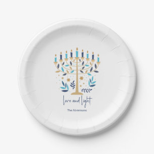 Plato De Papel Hanukkah Amor y Luz Floral Menorah