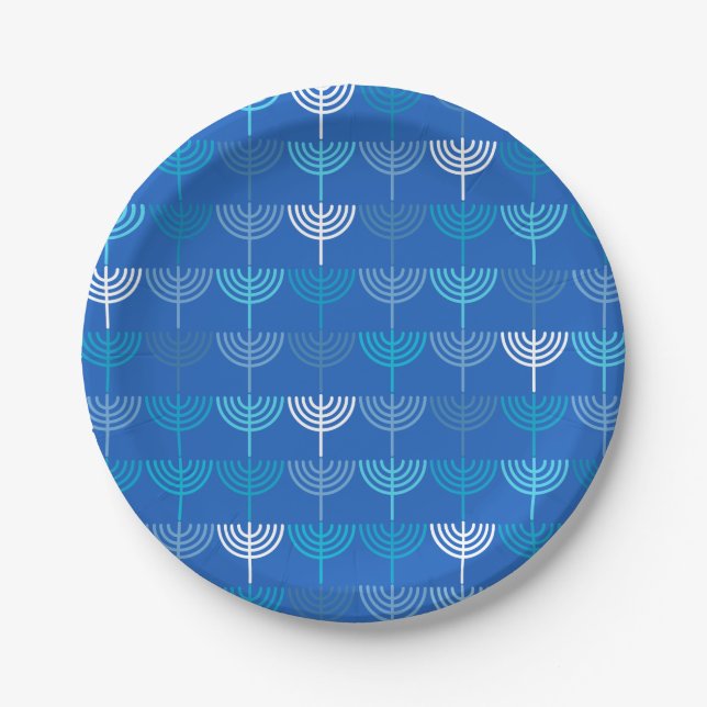 Plato De Papel Hanukkah Chanukah Chanukkiah Menorah Pattern Blue (Anverso)