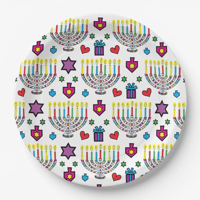 Plato De Papel Hanukkah Colorful Menorahs (Anverso)