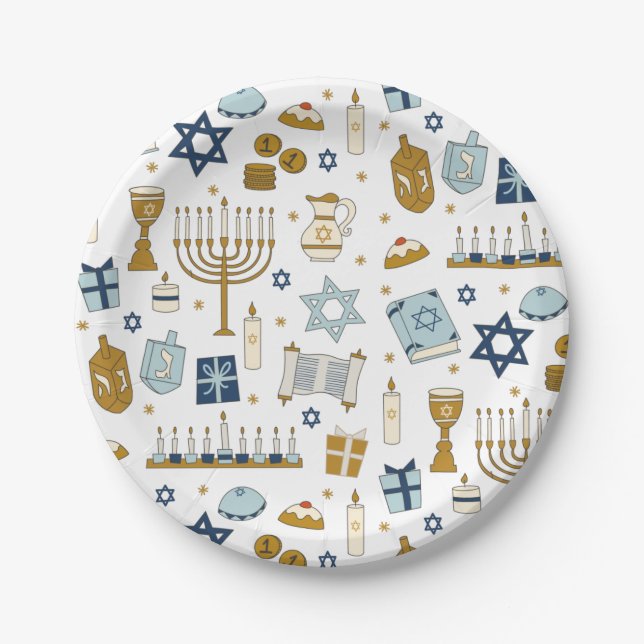 Plato De Papel Hanukkah Doodles tierno ilustrado Placa de papel (Anverso)