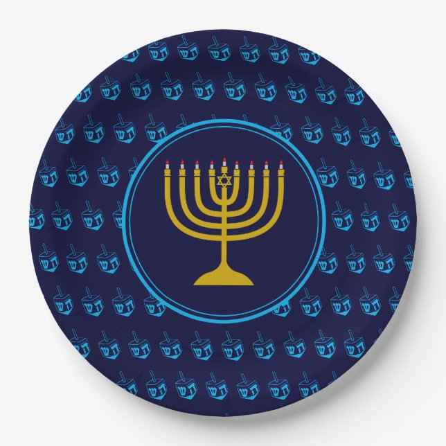 Plato De Papel HANUKKAH Dreidel Menorah Plata Azul Israelí (Anverso)