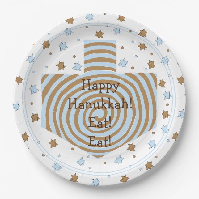 Plato De Papel Hanukkah Dreidel Swirl Placas de papel azul marrón (Anverso)