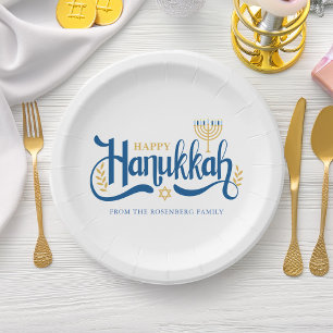 Plato De Papel "Hanukkah feliz" oro Menorah
