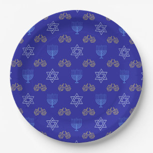 Plato De Papel Hanukkah Gold Dreidel Star de David Menorah