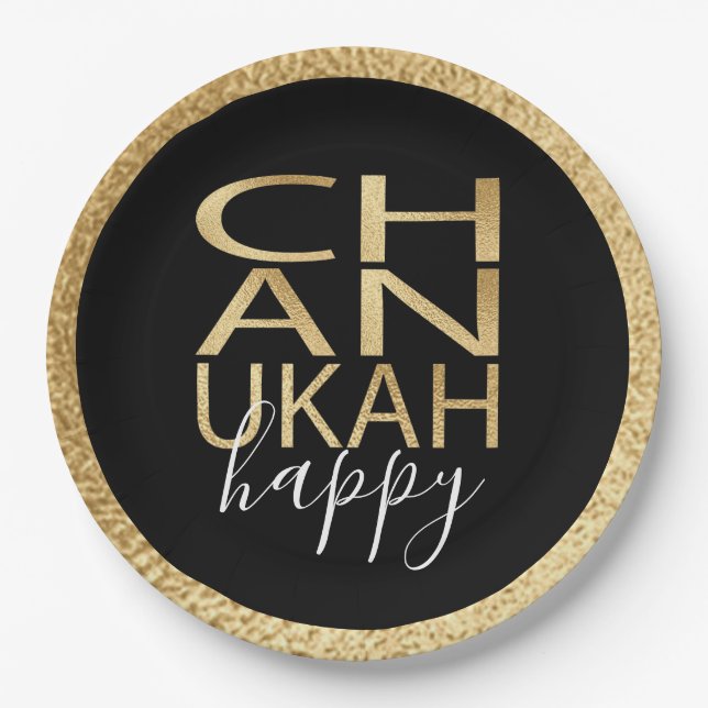 Plato De Papel Hanukkah Happy Gold Letters (Anverso)