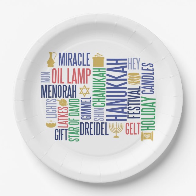 Plato De Papel Hanukkah Palabras Placas de papel de vacaciones (Anverso)
