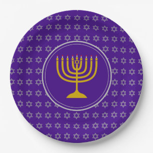 Plato De Papel HANUKKAH Star of David Menorah Purple Silver