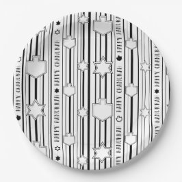 Plato De Papel Hanukkah Stripes, Stars y Dreidels