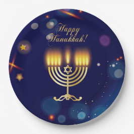 Plato De Papel Hanukkiah Feliz Hanukkah Menorá Judía de Oro
