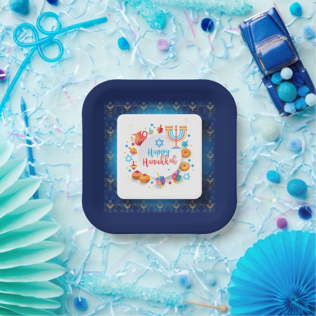 Plato De Papel Hanukkiah Happy Hanukkah Jewish Holiday Menorah (Fiesta)