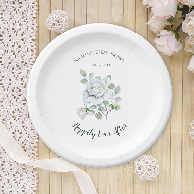 Plato De Papel Happily Ever After White Rose Wedding Paper Plates (Subido por el creador)