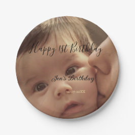Plato De Papel Happy 1st birthday name photo date stylish calligr