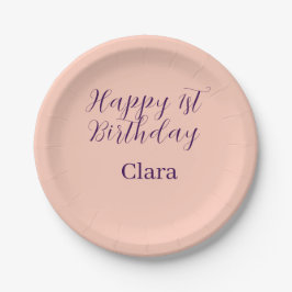 Plato De Papel Happy 1st birthday orange purple boho retro name 