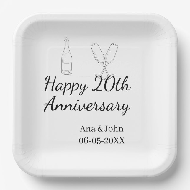 Plato De Papel Happy 20th anniversary champagne bottle glass name (Anverso)
