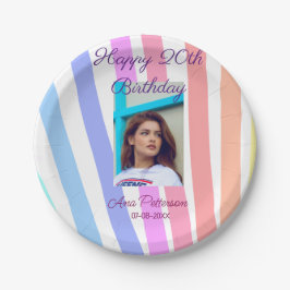 Plato De Papel Happy 20th Birthday rainbow rustic boho lines phot