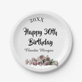 Plato De Papel Happy 30th birthday pink white mauve floral name y