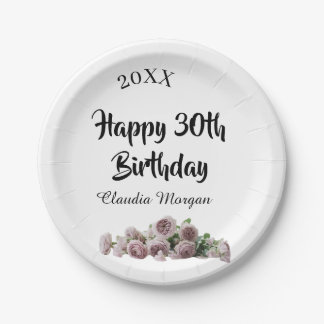 Plato De Papel Happy 30th birthday pink white mauve floral name y