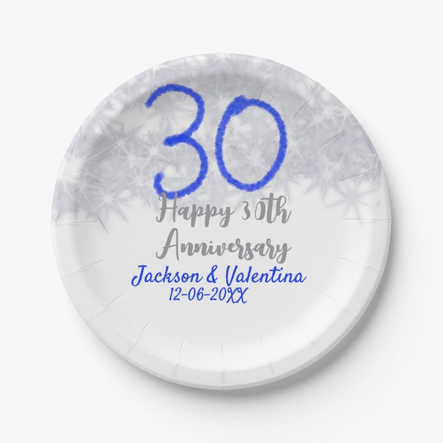 Plato De Papel Happy 30th wedding anniversary silver blue glitter (Anverso)