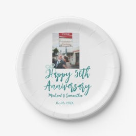 Plato De Papel Happy 50th anniversary photo turquoise bow name da