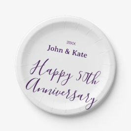 Plato De Papel Happy 50th anniversary purple name year simple 