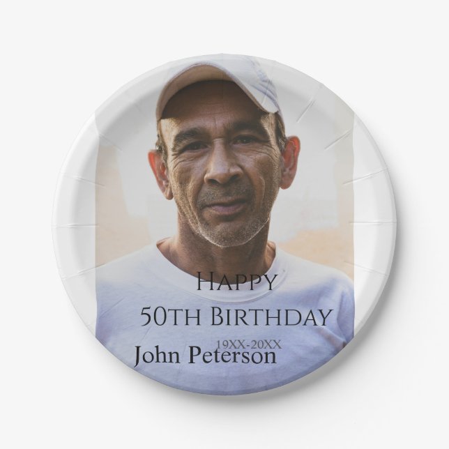 Plato De Papel Happy 50th birthday name photo year man simple min (Anverso)