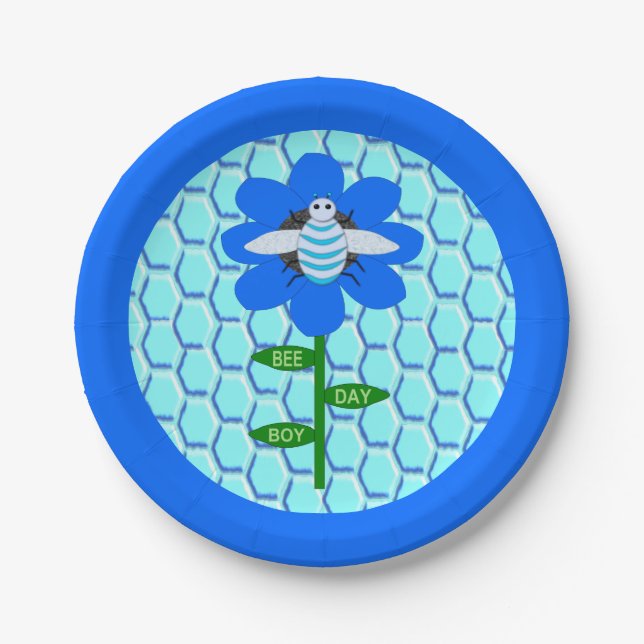 Plato De Papel Happy Bee Day Boy Blue Birthday Bumblebee (Anverso)