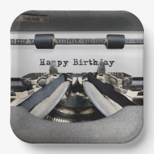 Plato De Papel Happy Birday Retro Typewriter