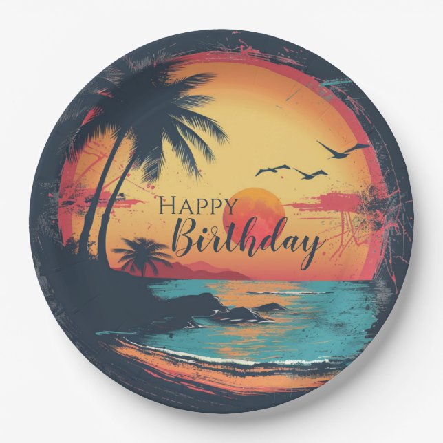 Plato De Papel Happy Birthday Beach Retro (Anverso)